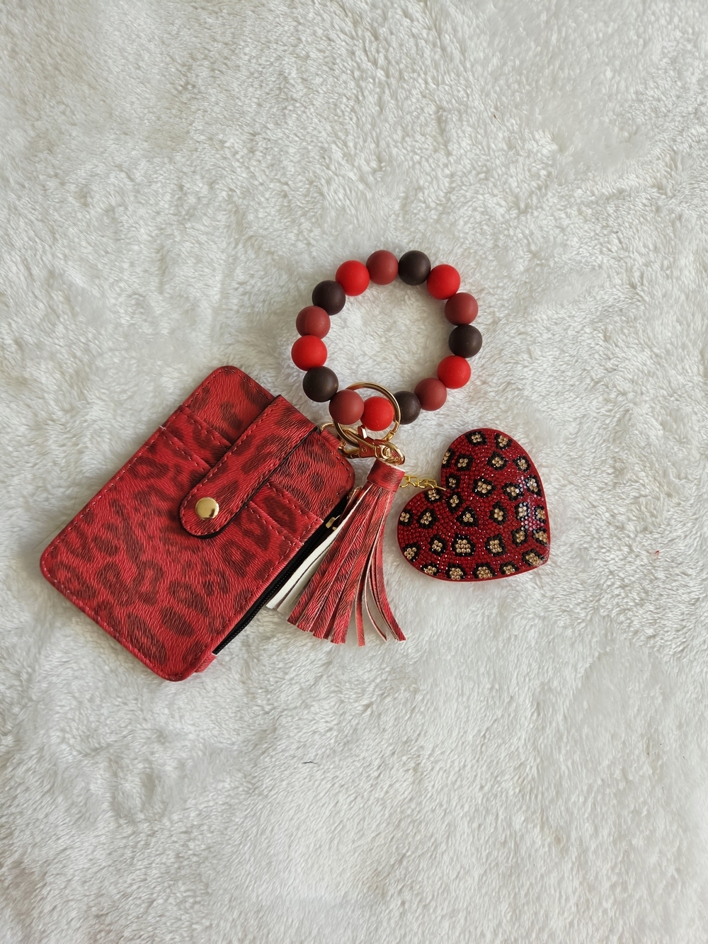 Red Leopard Card Wallet Keyring with Bead Bracelet & Heart Charm Wristlet